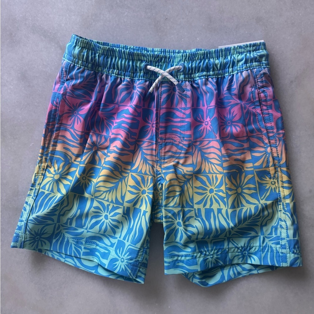 Boys Multicolor Gradient Floral Swim Trunks - Blue, Pink & Yellow